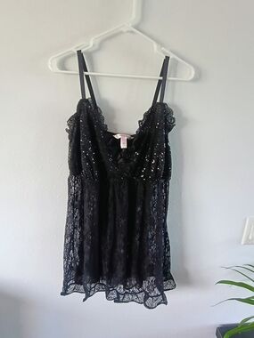 Cacique 22/24 Black Lace Sequin Babydoll Cami Plus Size Sheer Lingerie Top